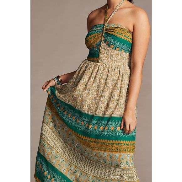 New Anthropologie TINY Twist Halter Maxi Dress $198 MEDIUM Green - Picture 2 of 5